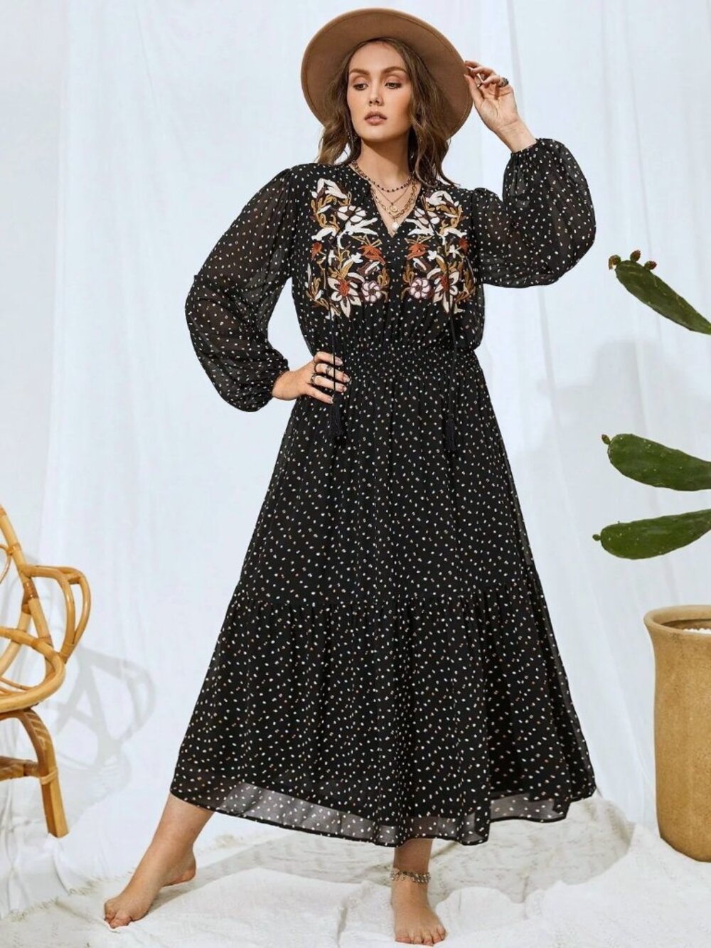 RUSTTYDUSTTY Chiffon Polka Dot Embroidered Maxi Dress. Plus Size 4XL